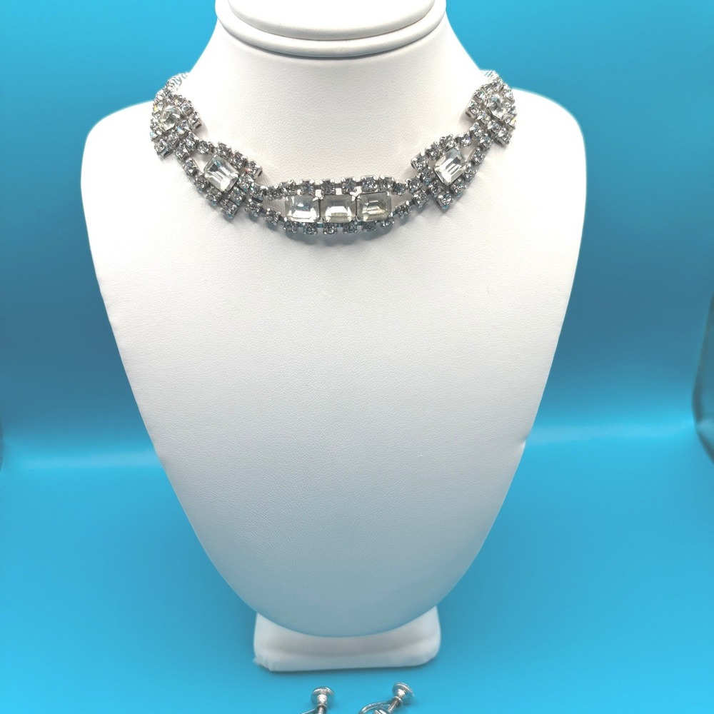 Vintage Clear Rhinestone Choker Necklace Screw Back Earrings Set Silver Tone